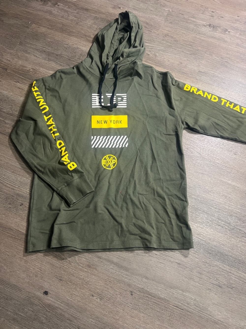 Express Olive Green Hooded Sweatshirt with Yellow Graphics
